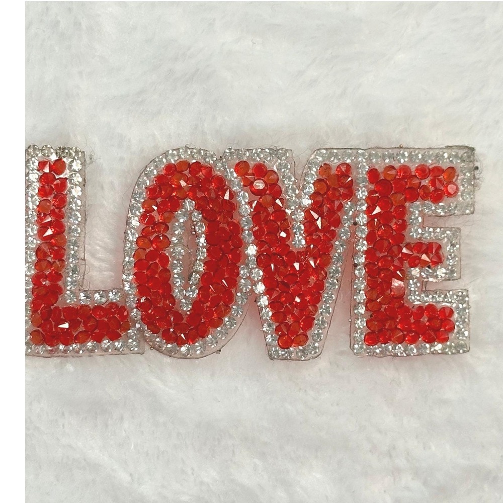 Rhinestone LOVE Iron On Patch Red Silver Glitter Applique 3.5 Inch